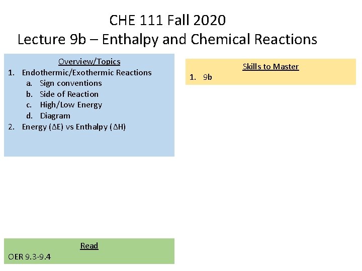 CHE 111 Fall 2020 Lecture 9 b – Enthalpy and Chemical Reactions Overview/Topics 1.