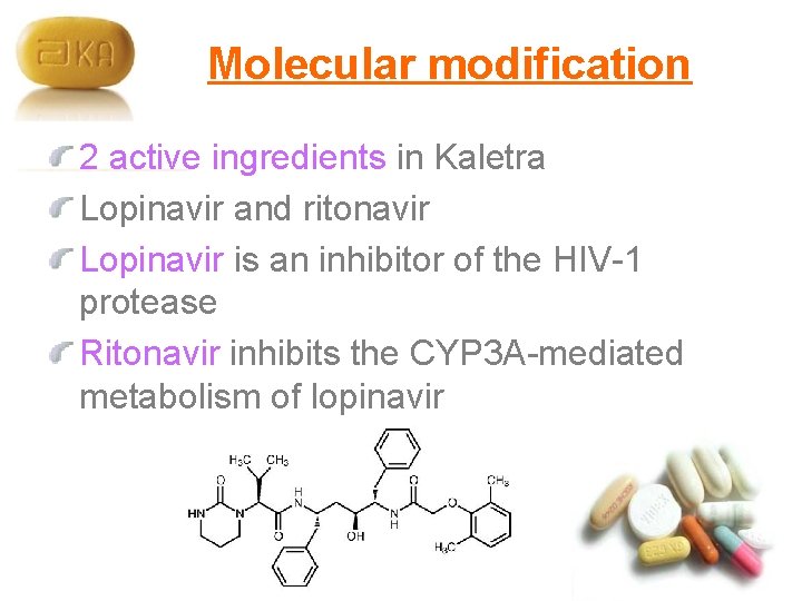 Molecular modification 2 active ingredients in Kaletra Lopinavir and ritonavir Lopinavir is an inhibitor