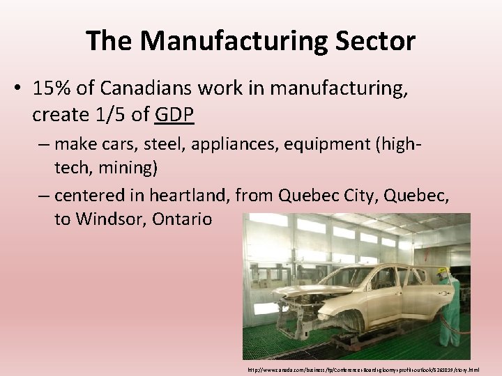 The Manufacturing Sector • 15% of Canadians work in manufacturing, create 1/5 of GDP