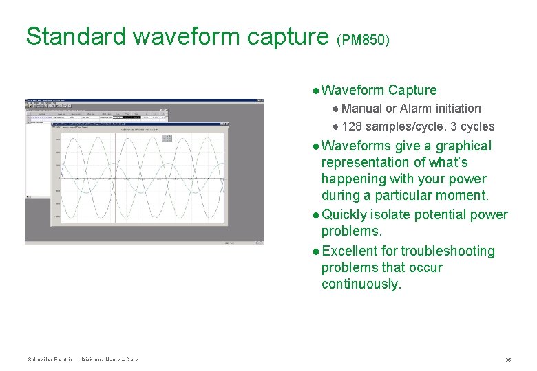 Standard waveform capture (PM 850) ● Waveform Capture ● Manual or Alarm initiation ●
