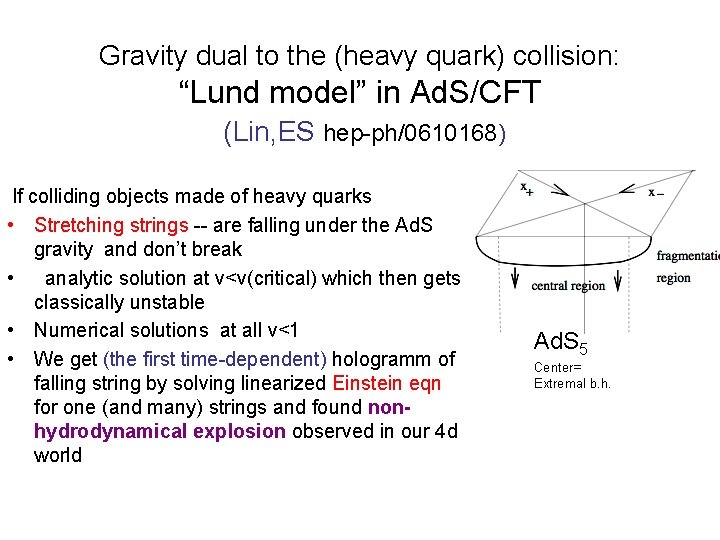 Gravity dual to the (heavy quark) collision: “Lund model” in Ad. S/CFT (Lin, ES