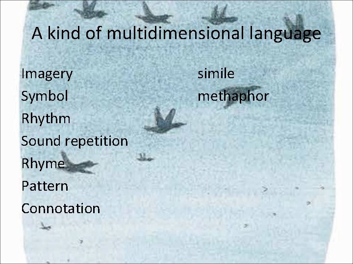 A kind of multidimensional language Imagery Symbol Rhythm Sound repetition Rhyme Pattern Connotation simile A kind of multidimensional language Imagery Symbol Rhythm Sound repetition Rhyme Pattern Connotation simile