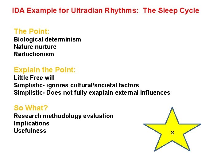 IDA Example for Ultradian Rhythms: The Sleep Cycle The Point: Biological determinism Nature nurture