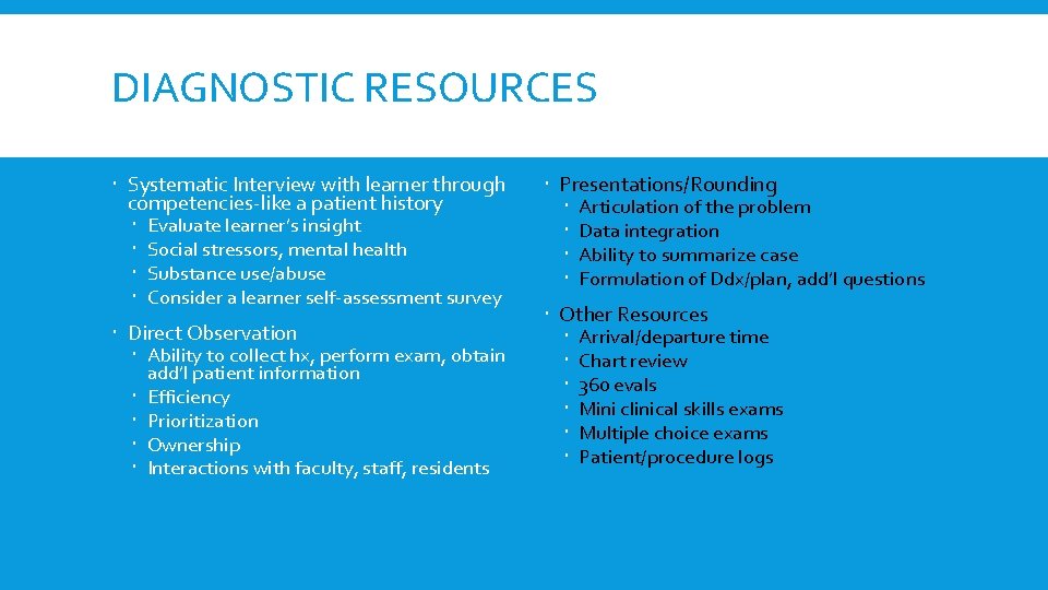 DIAGNOSTIC RESOURCES Systematic Interview with learner through competencies-like a patient history Evaluate learner’s insight