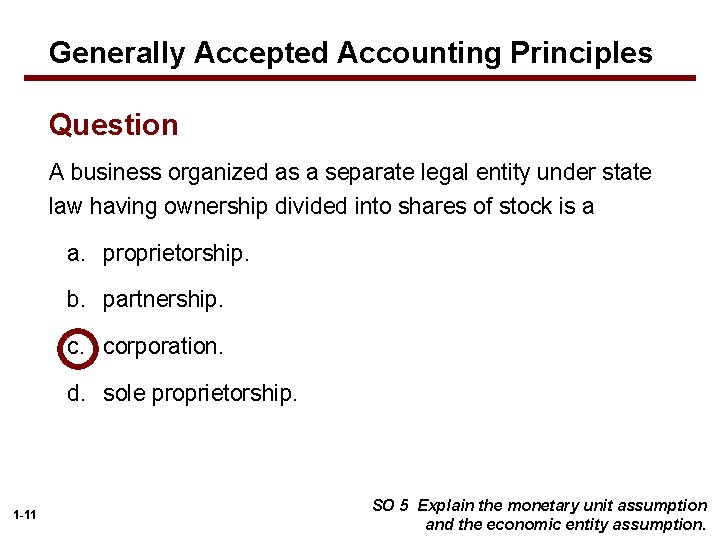 Generally Accepted Accounting Principles Question A business organized as a separate legal entity under