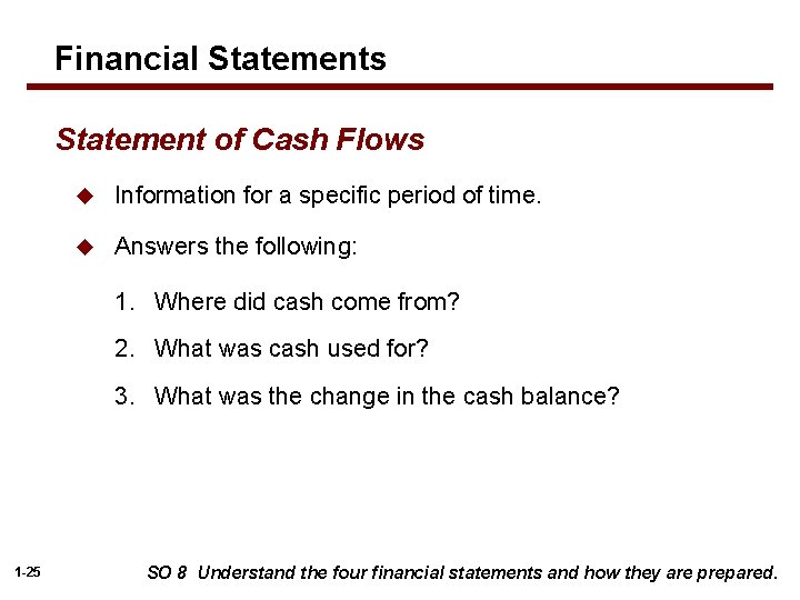 Financial Statements Statement of Cash Flows u Information for a specific period of time.