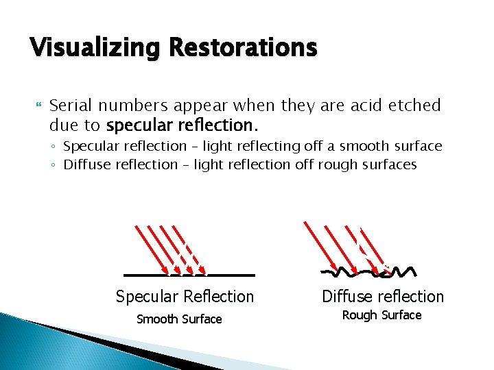 Visualizing Restorations Serial numbers appear when they are acid etched due to specular reflection.