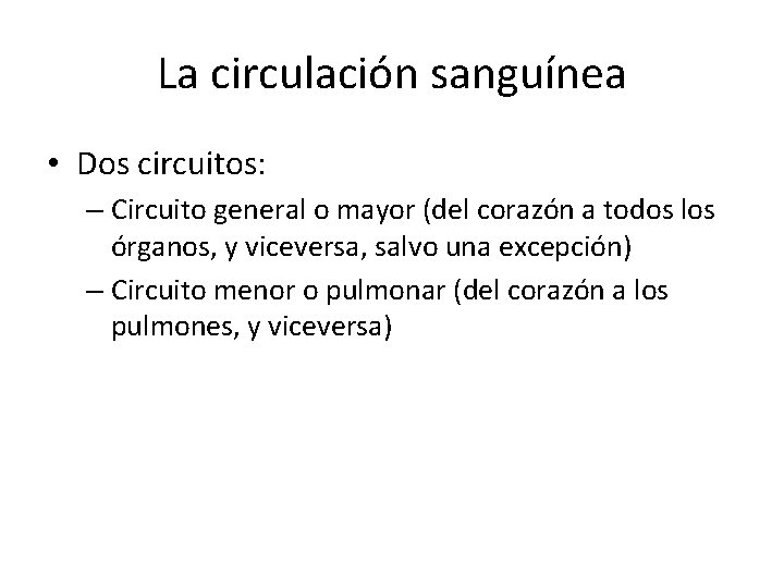 La circulación sanguínea • Dos circuitos: – Circuito general o mayor (del corazón a