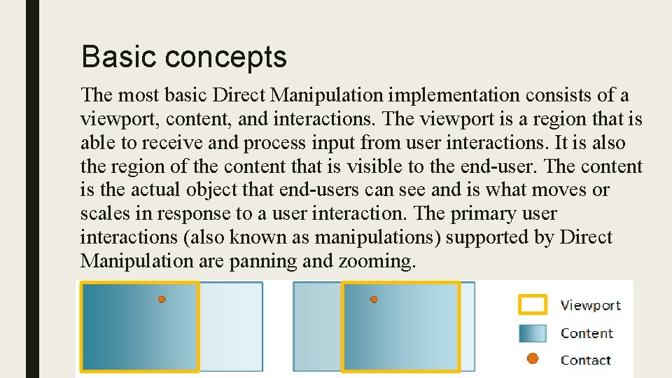 Basic concepts The most basic Direct Manipulation implementation consists of a viewport, content, and