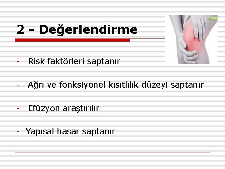 2 - Değerlendirme - Risk faktörleri saptanır - Ağrı ve fonksiyonel kısıtlılık düzeyi saptanır