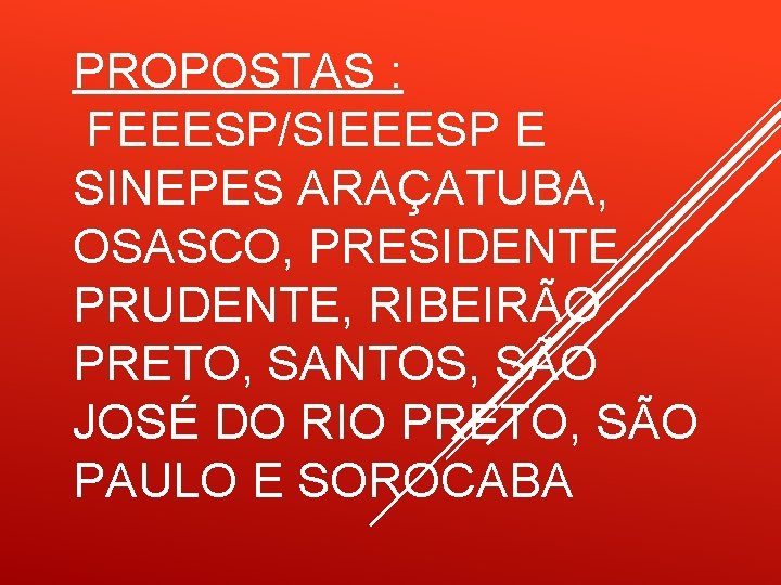 PROPOSTAS : FEEESP/SIEEESP E SINEPES ARAÇATUBA, OSASCO, PRESIDENTE PRUDENTE, RIBEIRÃO PRETO, SANTOS, SÃO JOSÉ