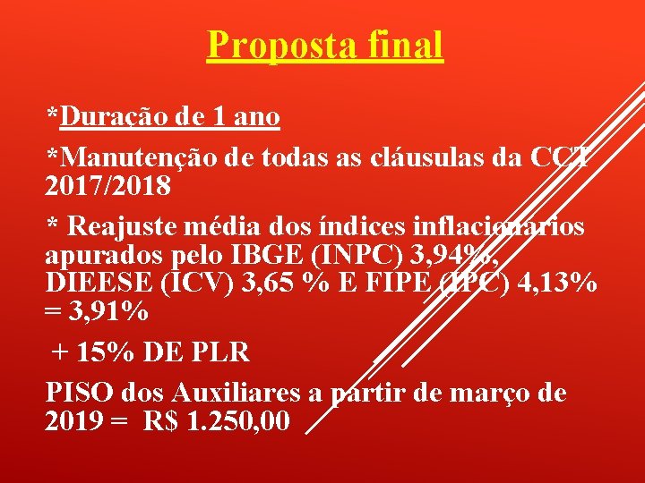 Proposta final *Duração de 1 ano *Manutenção de todas as cláusulas da CCT 2017/2018