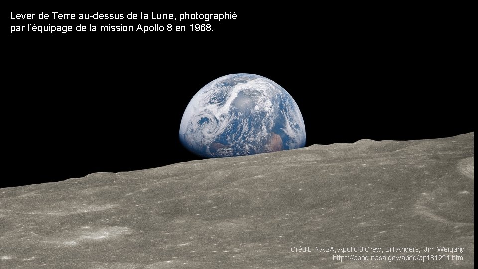 Lever de Terre au-dessus de la Lune, photographié par l’équipage de la mission Apollo