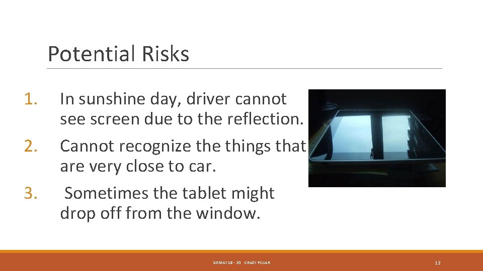 Potential Risks 1. 2. 3. In sunshine day, driver cannot see screen due to Potential Risks 1. 2. 3. In sunshine day, driver cannot see screen due to