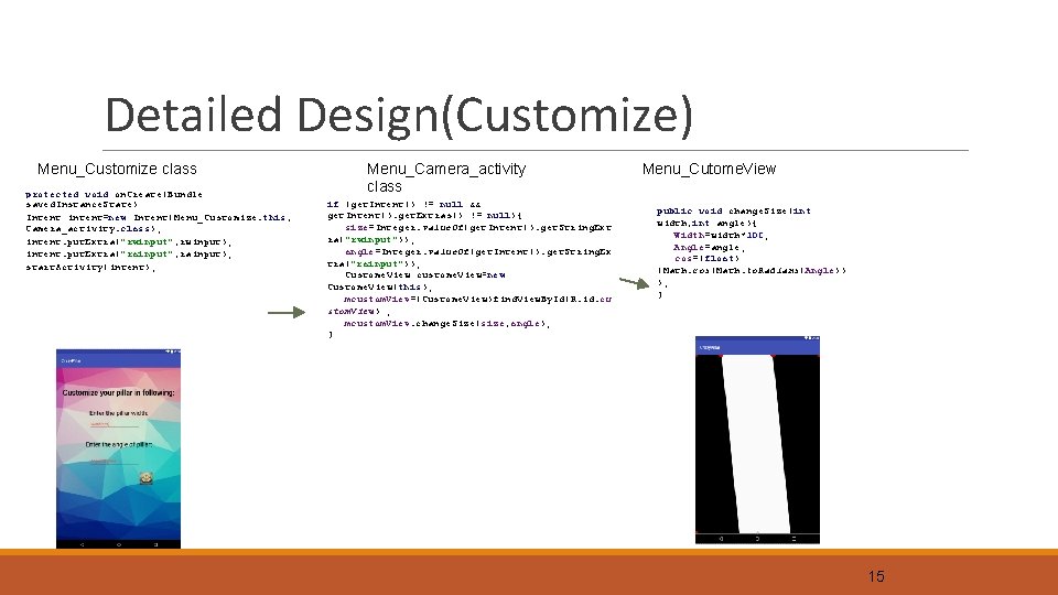 Detailed Design(Customize) Menu_Customize class protected void on. Create(Bundle saved. Instance. State) Intent intent=new Intent(Menu_Customize. Detailed Design(Customize) Menu_Customize class protected void on. Create(Bundle saved. Instance. State) Intent intent=new Intent(Menu_Customize.