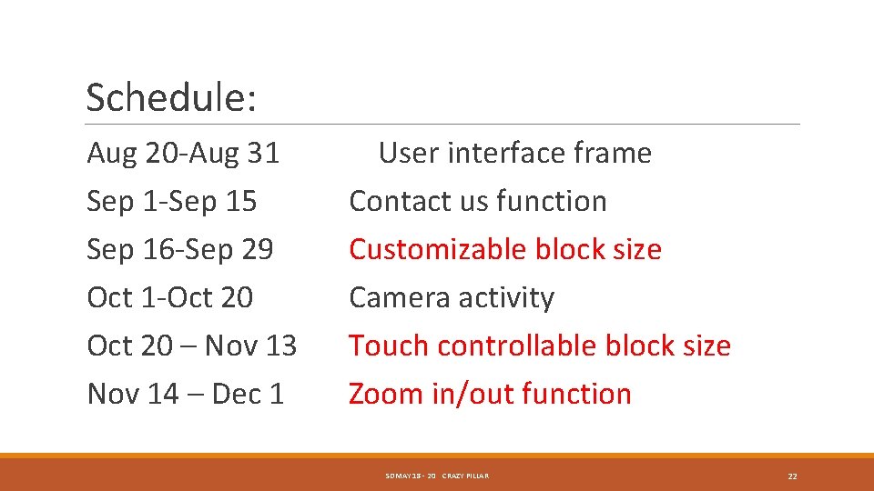 Schedule: Aug 20 -Aug 31 Sep 1 -Sep 15 Sep 16 -Sep 29 Oct Schedule: Aug 20 -Aug 31 Sep 1 -Sep 15 Sep 16 -Sep 29 Oct