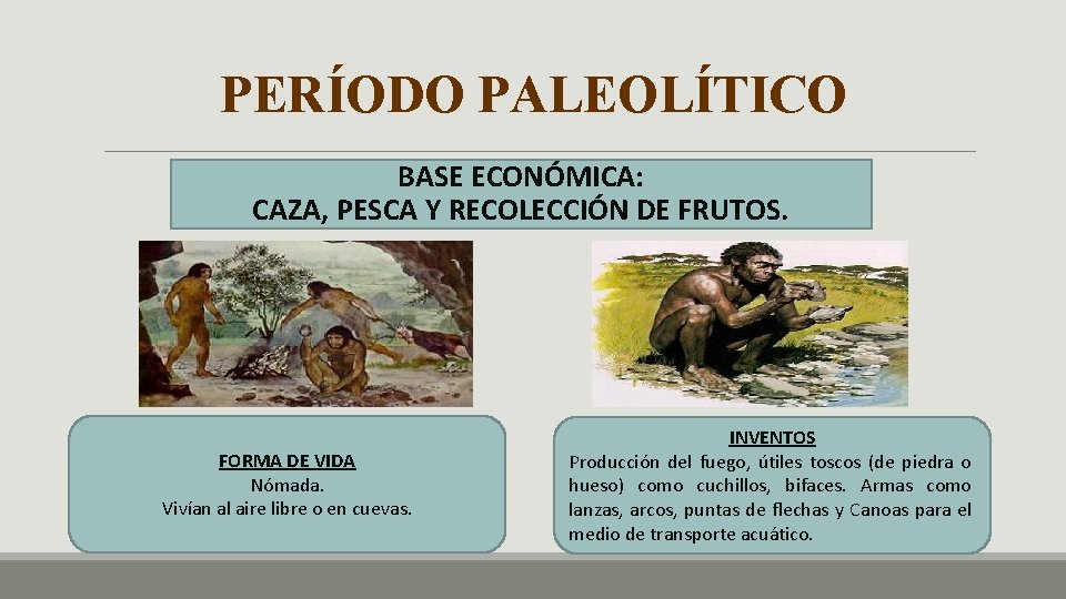 PERÍODO PALEOLÍTICO BASE ECONÓMICA: CAZA, PESCA Y RECOLECCIÓN DE FRUTOS. FORMA DE VIDA Nómada.