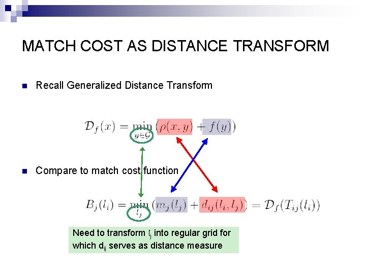 MATCH COST AS DISTANCE TRANSFORM n Recall Generalized Distance Transform n Compare to match
