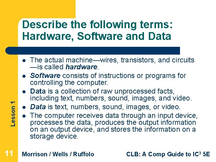 Describe the following terms: Hardware, Software and Data l l Lesson 1 l 11 Describe the following terms: Hardware, Software and Data l l Lesson 1 l 11