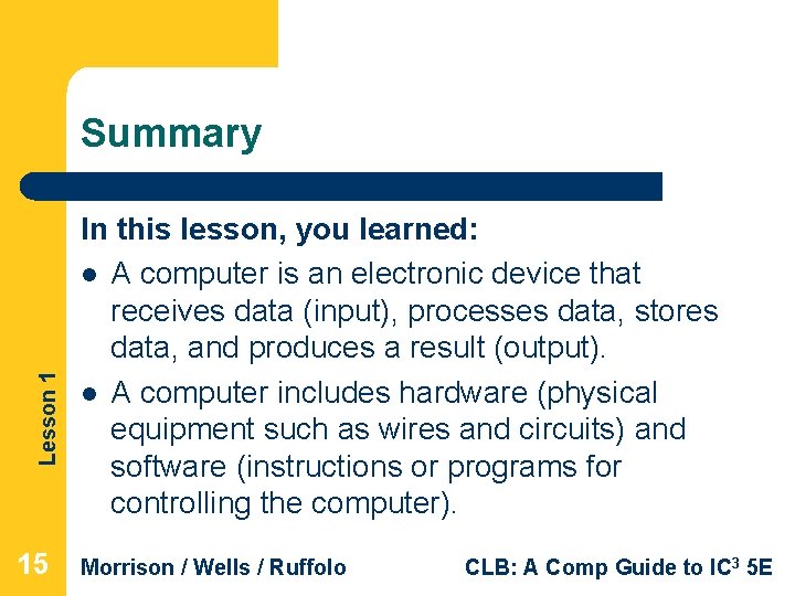 Lesson 1 Summary 15 In this lesson, you learned: l A computer is an Lesson 1 Summary 15 In this lesson, you learned: l A computer is an