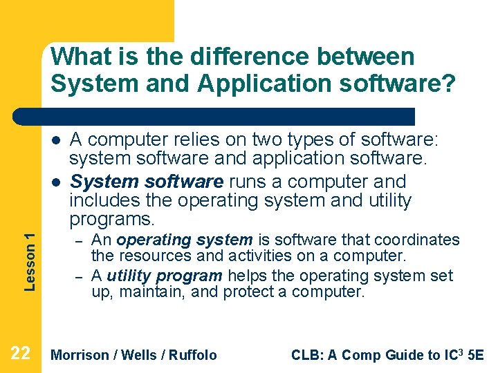 What is the difference between System and Application software? l Lesson 1 l 22 What is the difference between System and Application software? l Lesson 1 l 22