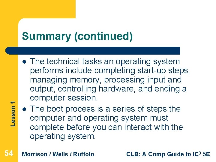 Summary (continued) Lesson 1 l 54 l The technical tasks an operating system performs Summary (continued) Lesson 1 l 54 l The technical tasks an operating system performs