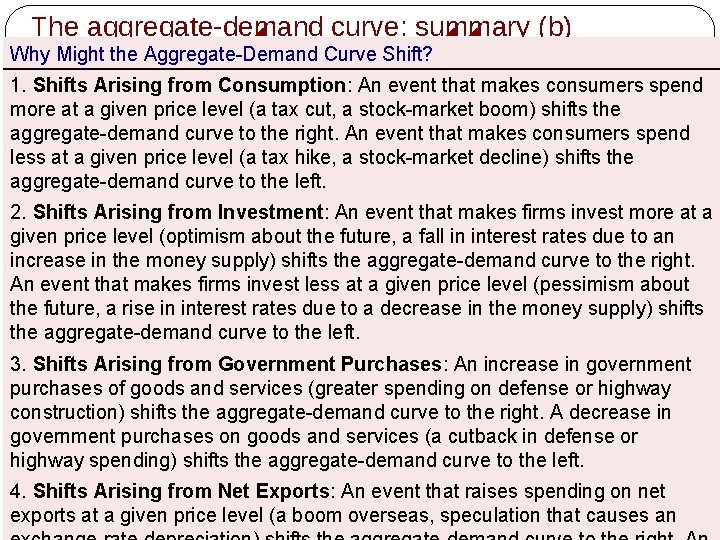 The aggregate-demand curve: summary (b) Why Might the Aggregate-Demand Curve Shift? 1. Shifts Arising