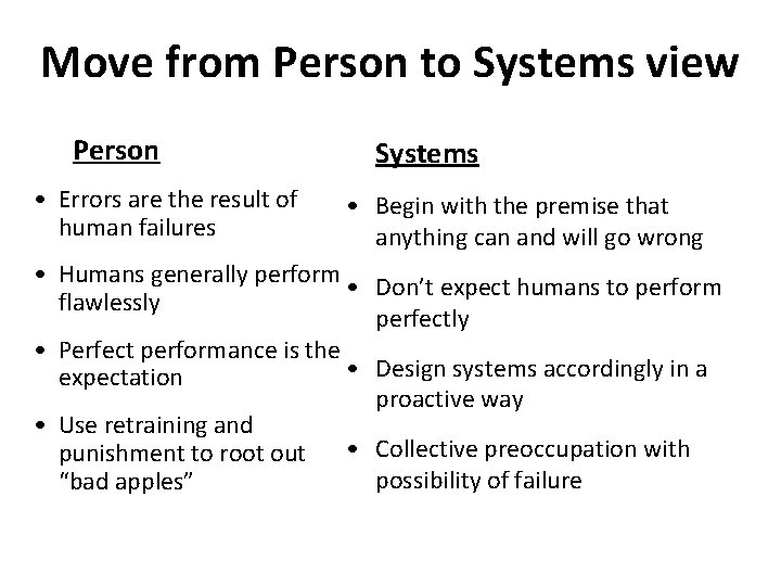 Move from Person to Systems view Person • Errors are the result of human