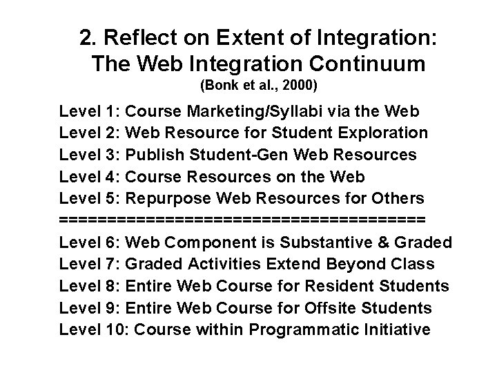 2. Reflect on Extent of Integration: The Web Integration Continuum (Bonk et al. ,