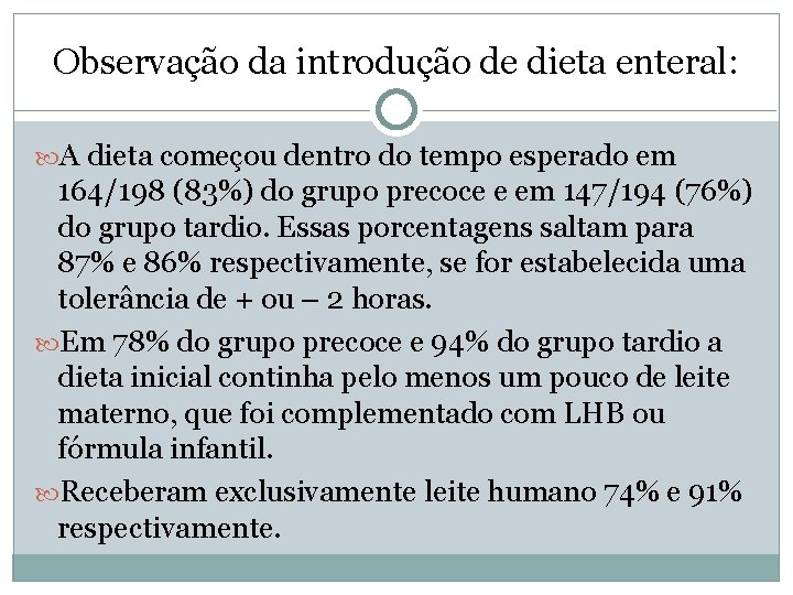 Observação da introdução de dieta enteral: A dieta começou dentro do tempo esperado em