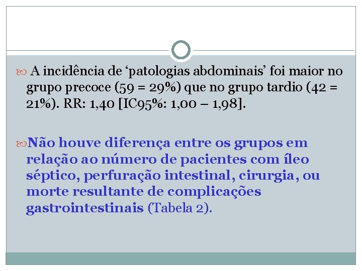  A incidência de ‘patologias abdominais’ foi maior no grupo precoce (59 = 29%)