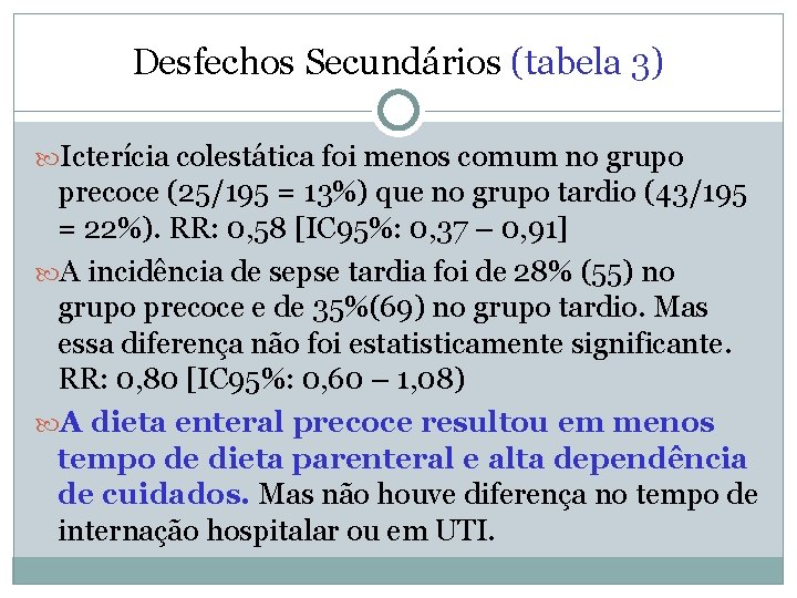 Desfechos Secundários (tabela 3) Icterícia colestática foi menos comum no grupo precoce (25/195 =