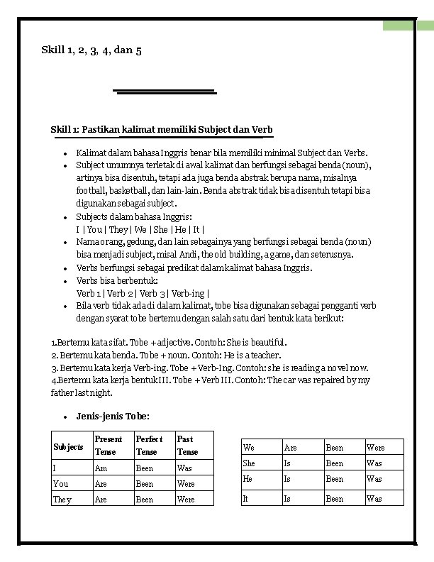 Skill 1, 2, 3, 4, dan 5 Skill 1: Pastikan kalimat memiliki Subject dan