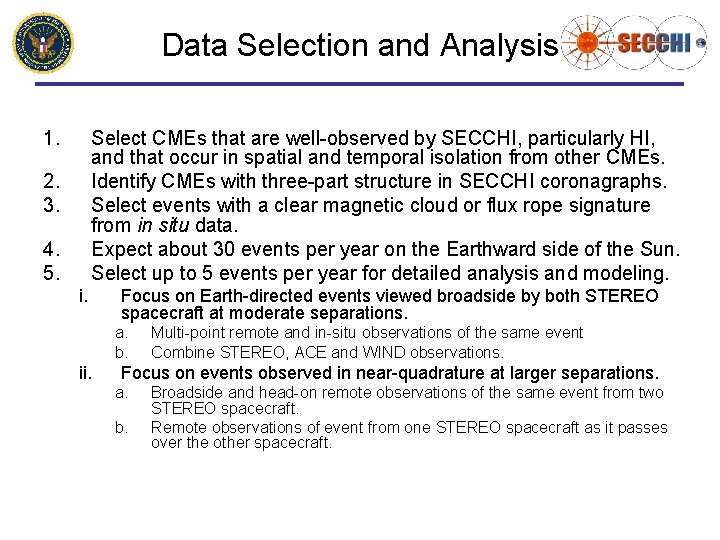 Data Selection and Analysis 1. Select CMEs that are well-observed by SECCHI, particularly HI,