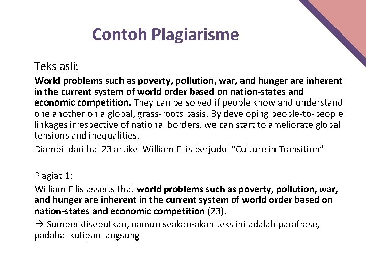 Contoh Plagiarisme Teks asli: World problems such as poverty, pollution, war, and hunger are