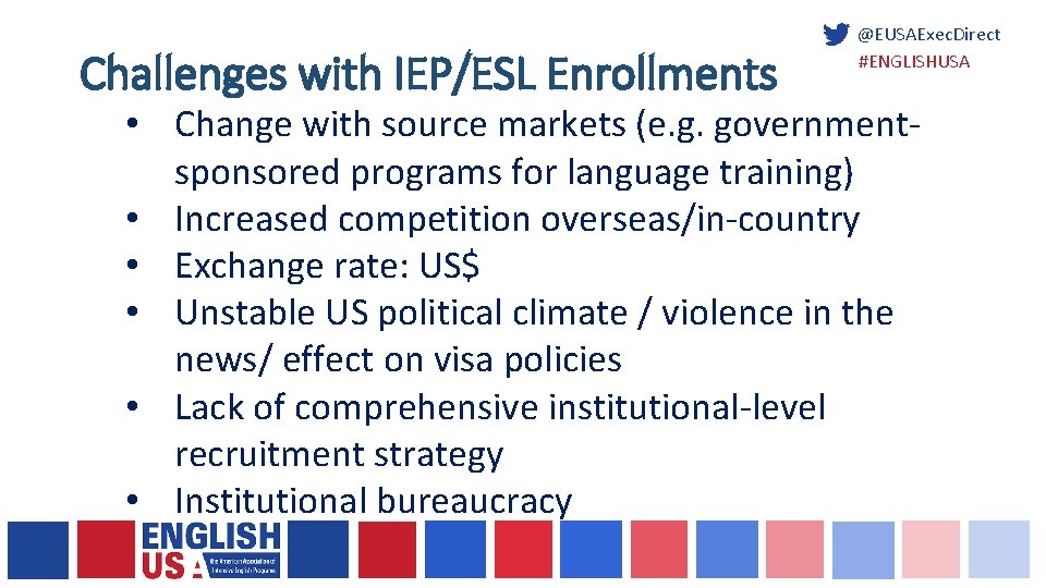 Challenges with IEP/ESL Enrollments @EUSAExec. Direct #ENGLISHUSA • Change with source markets (e. g.