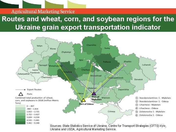 Routes and wheat, corn, and soybean regions for the Ukraine grain export transportation indicator Routes and wheat, corn, and soybean regions for the Ukraine grain export transportation indicator