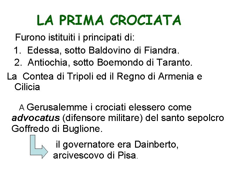 LA PRIMA CROCIATA Furono istituiti i principati di: 1. Edessa, sotto Baldovino di Fiandra.