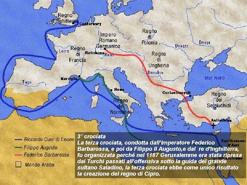 3° crociata La terza crociata, condotta dall’imperatore Federico Barbarossa, e poi da Filippo II