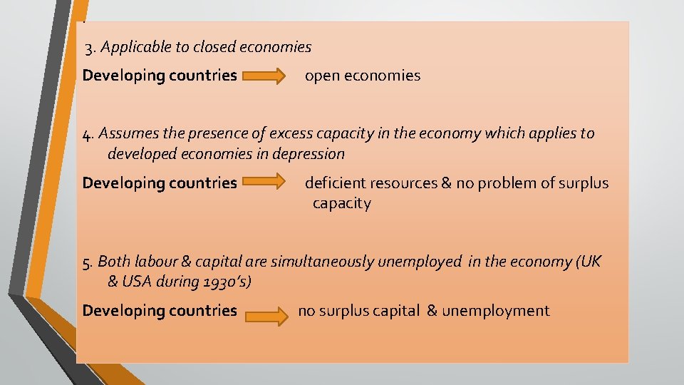 . 3. Applicable to closed economies Developing countries open economies 4. Assumes the presence