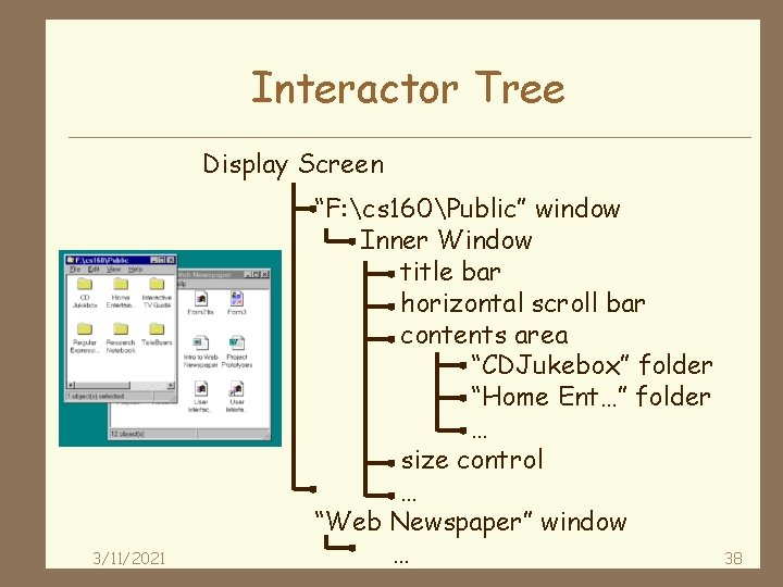 Interactor Tree Display Screen 3/11/2021 “F: cs 160Public” window Inner Window title bar horizontal