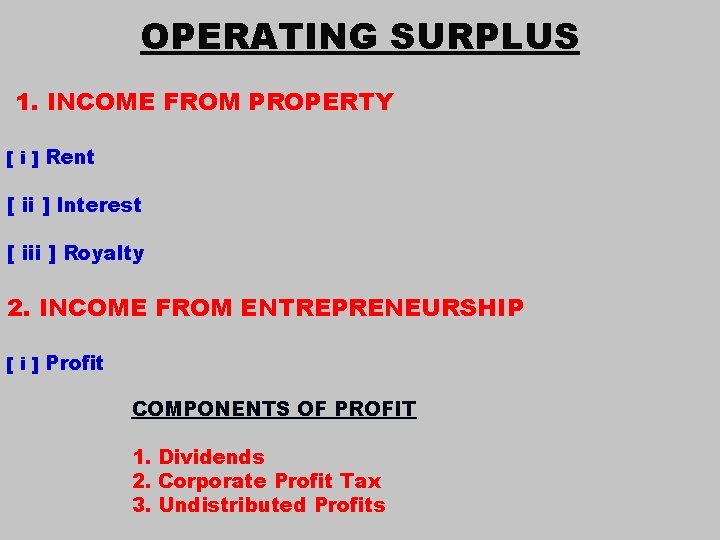 OPERATING SURPLUS 1. INCOME FROM PROPERTY [ i ] Rent [ ii ] Interest