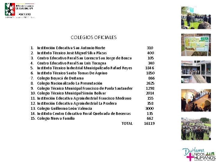 COLEGIOS OFICIALES 1. Institución Educativa San Antonio Norte 2. Instituto Técnico José Miguel Silva