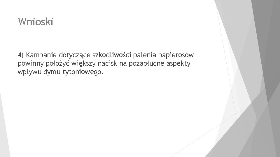 Wnioski 4) Kampanie dotyczące szkodliwości palenia papierosów powinny położyć większy nacisk na pozapłucne aspekty