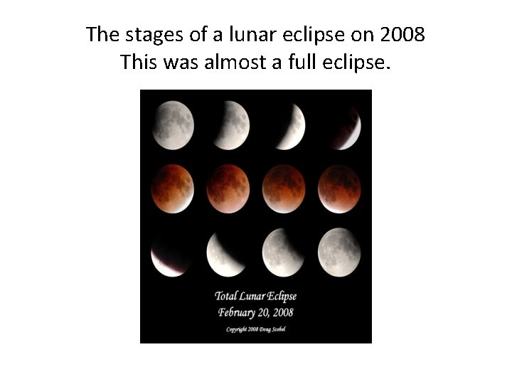 The stages of a lunar eclipse on 2008 This was almost a full eclipse.