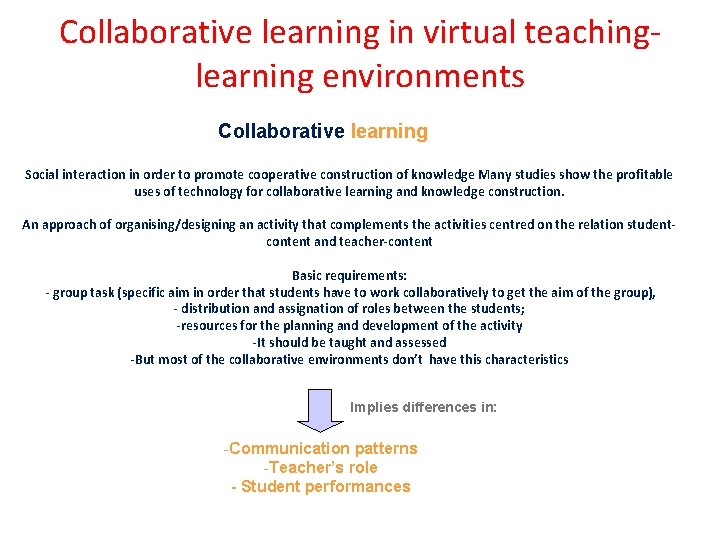 Collaborative learning in virtual teachinglearning environments Collaborative learning Social interaction in order to promote