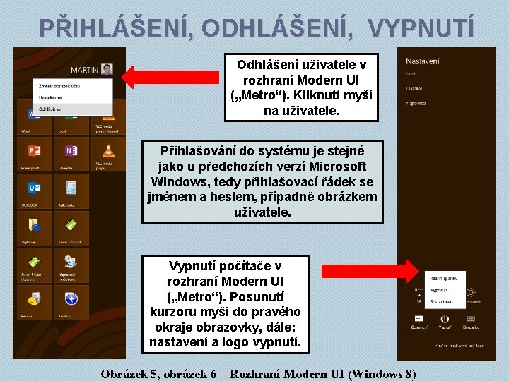 PŘIHLÁŠENÍ, ODHLÁŠENÍ, VYPNUTÍ Odhlášení uživatele v rozhraní Modern UI („Metro“). Kliknutí myší na uživatele.