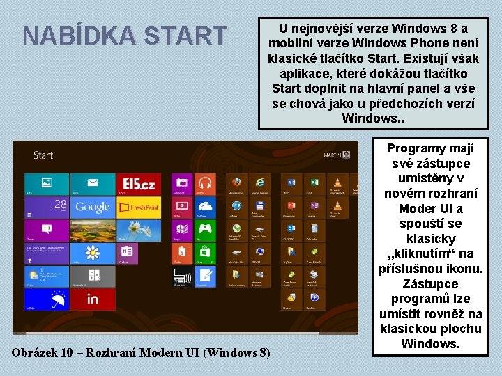 NABÍDKA START U nejnovější verze Windows 8 a mobilní verze Windows Phone není klasické