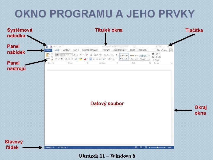 OKNO PROGRAMU A JEHO PRVKY Systémová nabídka Titulek okna Tlačítka Panel nabídek Panel nástrojů