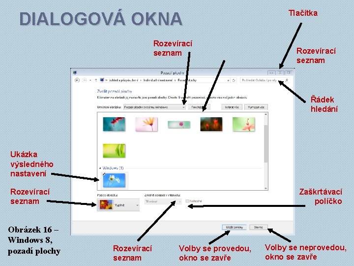 DIALOGOVÁ OKNA Rozevírací seznam Tlačítka Rozevírací seznam Řádek hledání Ukázka výsledného nastavení Rozevírací seznam